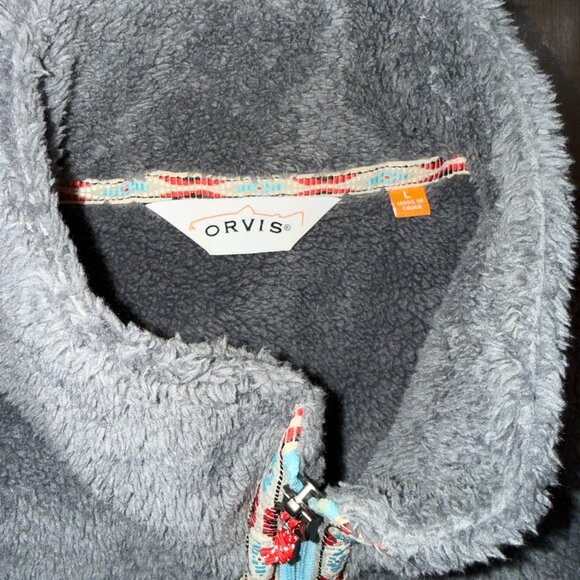Orvis Wmn L Gray Sherpa Fleece Full Zip Vest Teal Red Trim Aztec Tapestry Rodeo - Picture 2 of 8